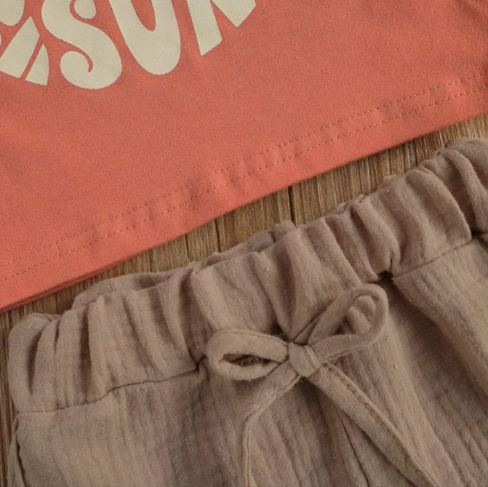 Retro Here Comes The Sun Short Set Sz 2T Peach Beige Muslin Gauze Neutral 2Pc
